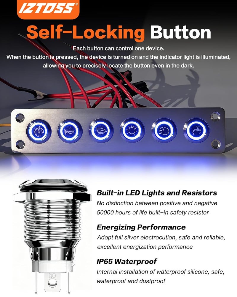 IZTOSS 6 Gang Aluminum Marine Rocker Switch Panel - Pre-Wired with Blue LED Indicator, 12-24 V Multi-Function Rocker Switch - Ideal for Marine motorhomes, Yachts - Image 2